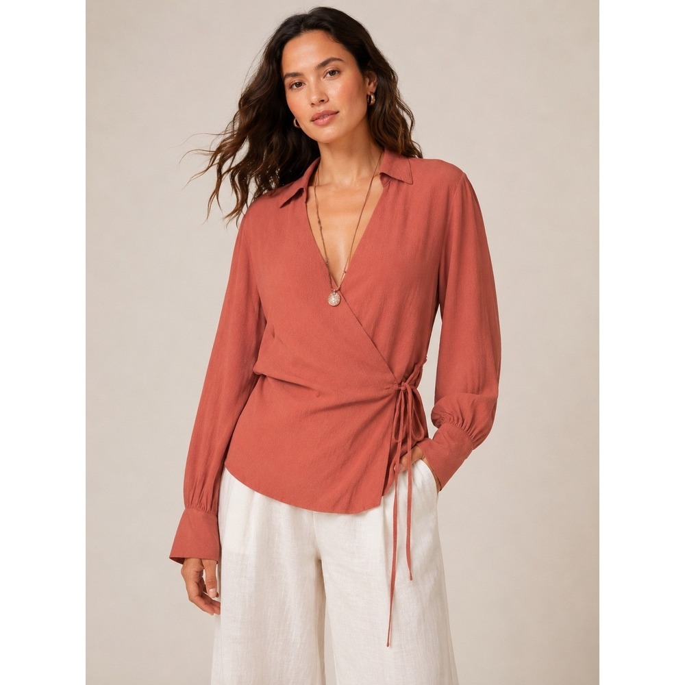 J.Crew Women Wrap Top Size 14 Terracotta Brown Long Sleeve Crepe Blouse V-Neck